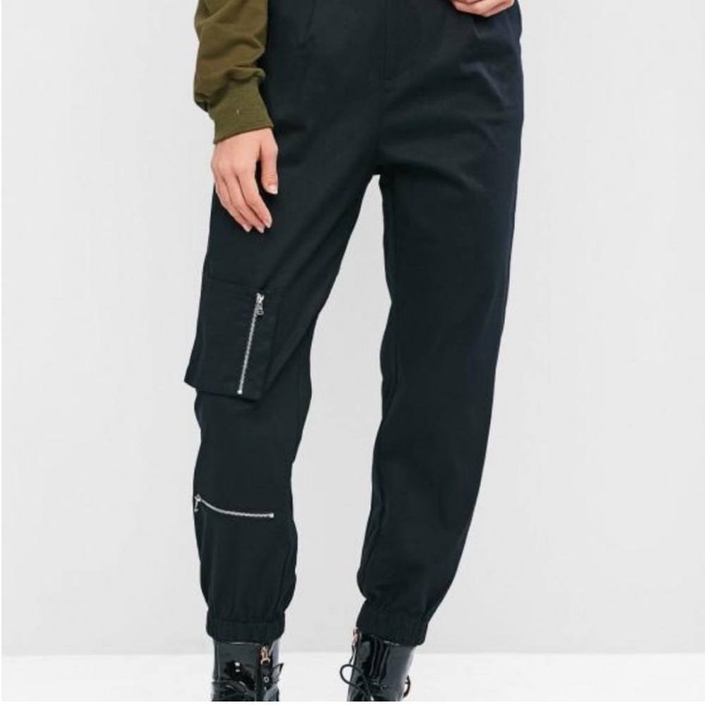 ZAFUL Cargo Jogger Lightweight Pants Black High Waist Silver Zippered Pockets L